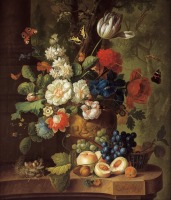 Картины - Букет летних цветов и фрукты в корзине