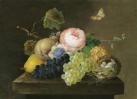 Картины - Натюрморт с виноградом, персиками, цветами и птичьем гнездом
