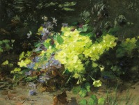 Картины - Первоцветы в весеннем лесу. Примулы и печеночница