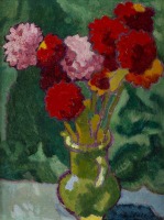 Картины - Зелёная ваза с красными георгинами