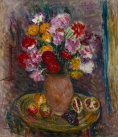 Картины - Натюрморт с вазой цветов и фруктами