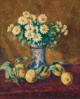 Картины - Букет хризантем в вазе и персики на столе