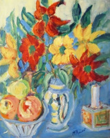 Картины - Мадлен Руар, Красные и жёлтые цветы в голубой вазе
