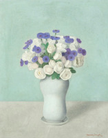 Картины - Антонио Донги, Натюрморт с белыми розами и голубыми васильками