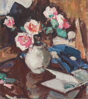 Картины - Розы в вазе, Винный бокал и фрукты
