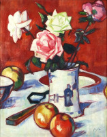Картины - Самуэль Джон Пепло. Розы в вазе и фрукты на столе