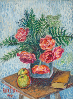 Картины - Давид Бурлюк. Красные розы и листья папоротника
