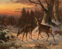 Картины - Артур Тиле. Косули в зимнем лесу