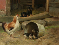 Картины - Симон Симонсен. Щенки таксы и курица с цыплятами