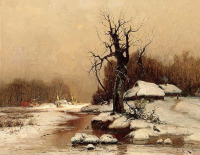 Картины - Юлий Клевер. Деревенские дома в зимнем пейзаже