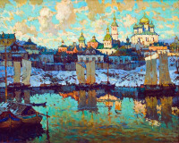 Картины - Константин Горбатов. Вид на монастырь и лодки у берега