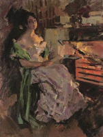 Картины - Константин Коровин. Девушка с книгой у камина
