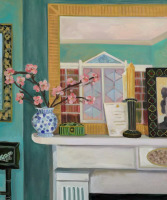 Картины - Лотти Коул. Камин и весенние цветы в вазе