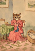 Картины - Луи Уэйн. Кошка с вязанием и младенец в колыбели