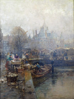 Картины - Ганс Херрманн.  Рыбный рынок на канале в Амстердаме