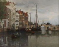 Картины - Ганс Херрманн. Голландский городской пейзаж с лодками у моста