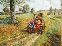 Картины - Николай Богданов-Бельский. Дети в повозке на просёлочной дороге