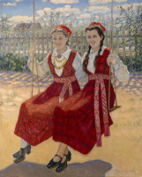 Картины - Николай Богданов-Бельский. Две девушки на качелях