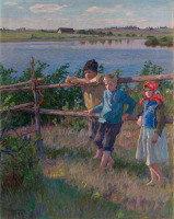 Картины - Николай Богданов-Бельский. Дети на речном берегу