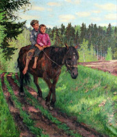 Картины - Николай Богданов-Бельский. Крестьянские дети. Мальчики верхом на лошади