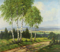 Картины - Николай Богданов-Бельский. Пейзаж с берёзами. Просёлочная дорога