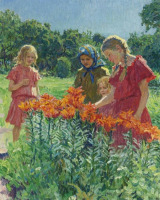 Картины - Николай Богданов-Бельский. Девочки в саду. Цветущая клумба. Лилии