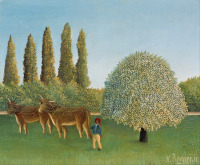 Картины - Анри Руссо. Пейзаж Пастбище с коровами. Луговые травы в саду