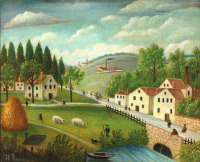 Картины - Анри Руссо. Сельский пейзаж с ручьём и овцами на пастбище