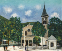 Картины - Морис Утрилло. Церковь Сен-Винсент в Акс-ле-Терм, Арьеж. Башня с часами. Церкви Франции