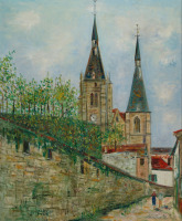 Картины - Морис Утрилло. Вид на церковь. Церкви Франции. Башня с часами. Городская стена