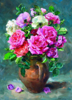 Картины - Энн Коттерилл. Красные и белые розы в кувшине. Воспоминания о лете