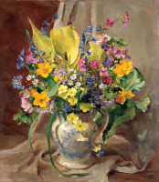 Картины - Букет весенних цветов в бело-голубом кувшине