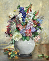 Картины - Вайолет Макиннес. Букет летних цветов в белой вазе и фрукты на столе