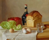 Картины - Нора Хейзен. Натюрморт Хлеб, бутылка вина и овощи