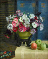 Картины - Нора Хейзен. Петунии в китайской вазе и яблоки на столе