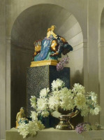 Картины - Герберт Дэвис Рихтер. Белые хризантемы и статуэтка Бык