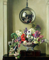 Картины - Герберт Дэвис Рихтер. Спящий пастух, цветы в вазе и сферическое зеркало