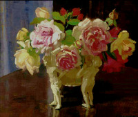 Картины - Герберт Дэвис Рихтер. Розовые и жёлтые розы в фигурной вазе