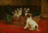 Картины - Бернард Коббе. Щенок и три котёнка в корзине