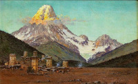Картины - Рихард Зоммер. Кавказ. Деревня и горная вершина на закате
