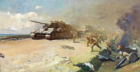Картины - Неизвестный художник. Танки Т-34 и пехота в бою